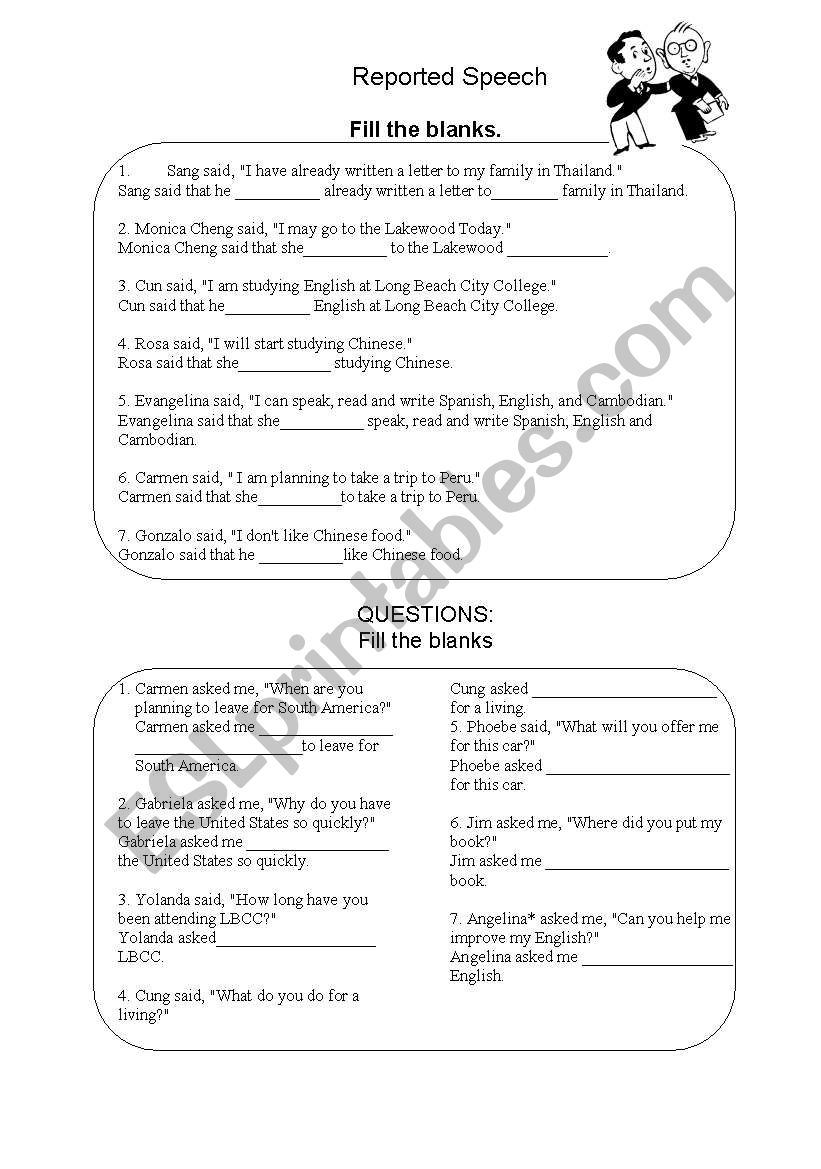 Reported Speech worksheet