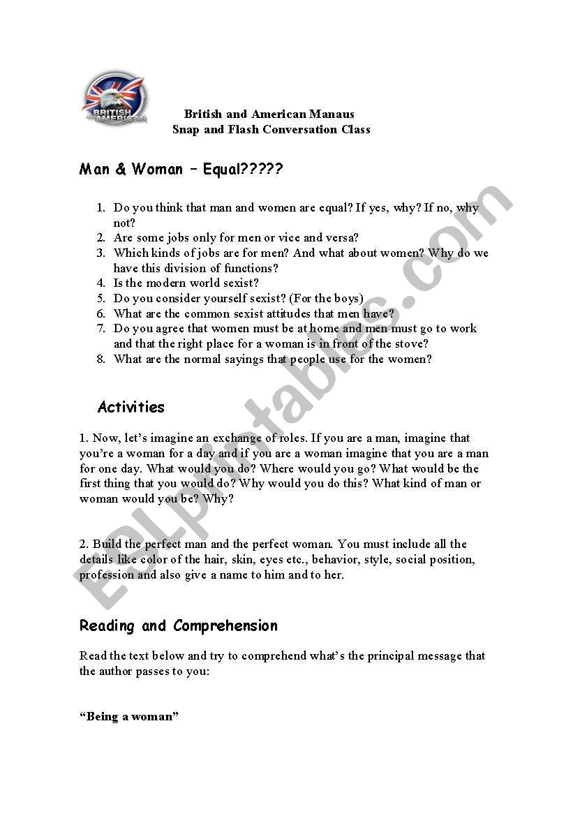 Man and Women- Equal??? worksheet