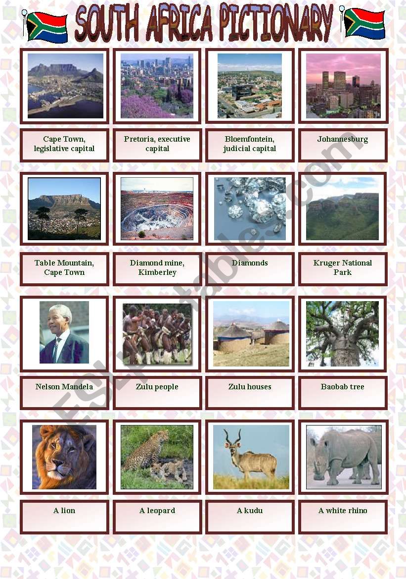 South Africa pictionary with written practice of the attractionsÂ´names