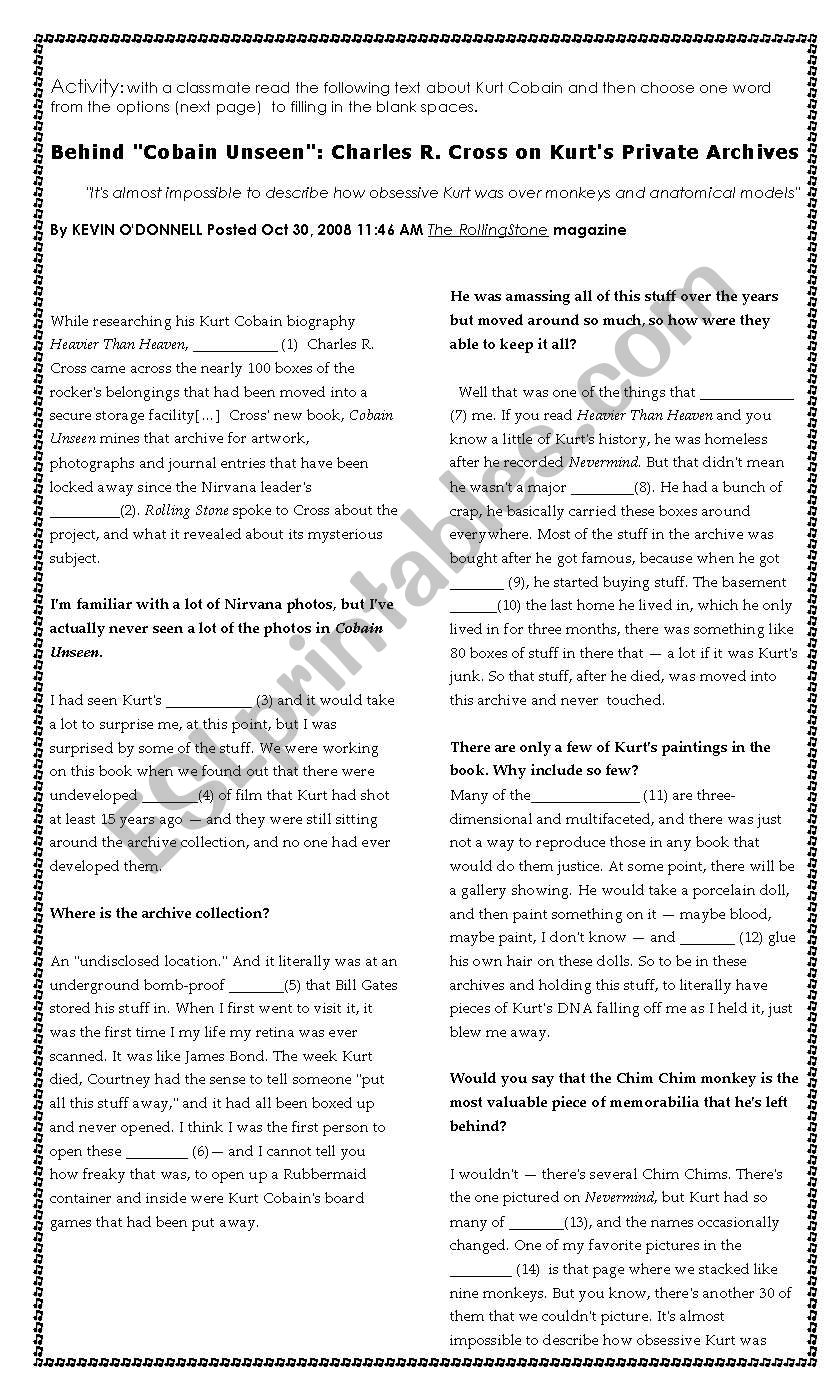 Cloze, reading excercise  worksheet