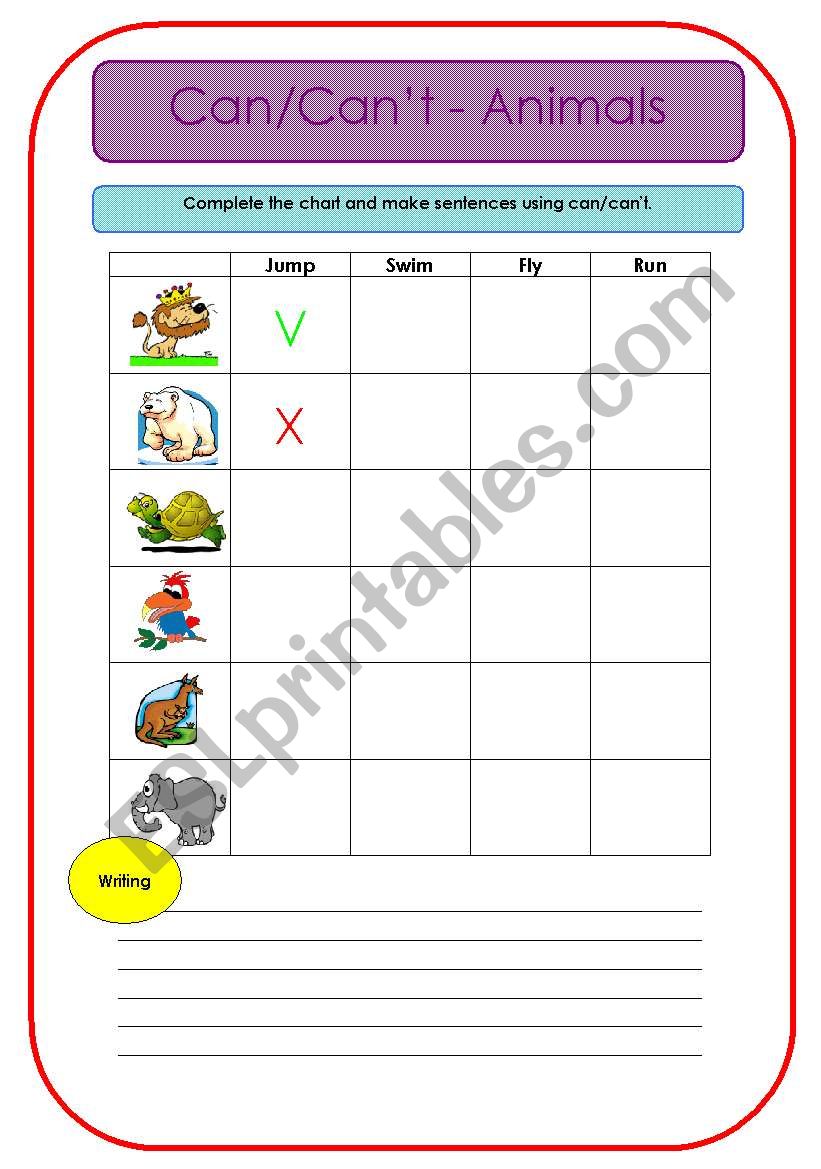 Can/cant - animals worksheet