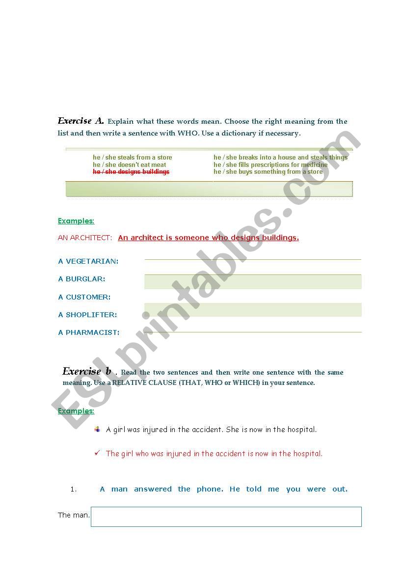 exercise relative clauses using who and that