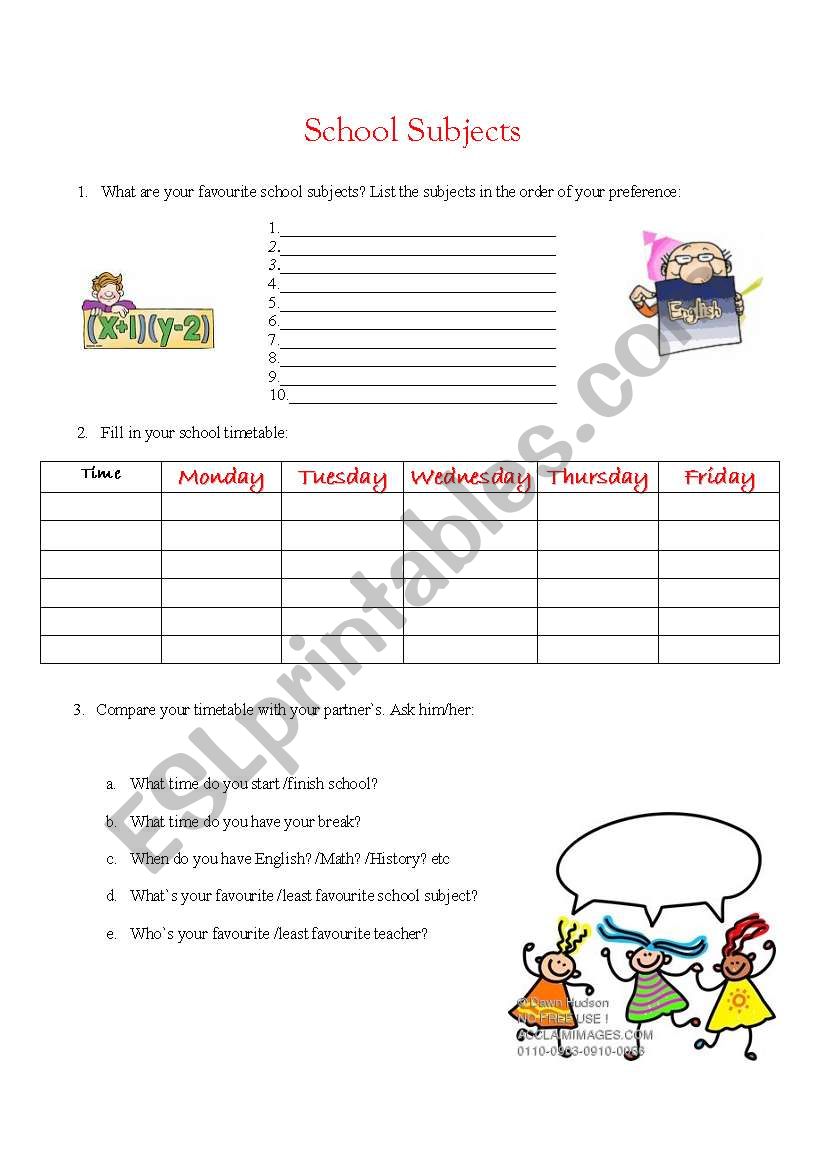 School Sujects/Timetable worksheet
