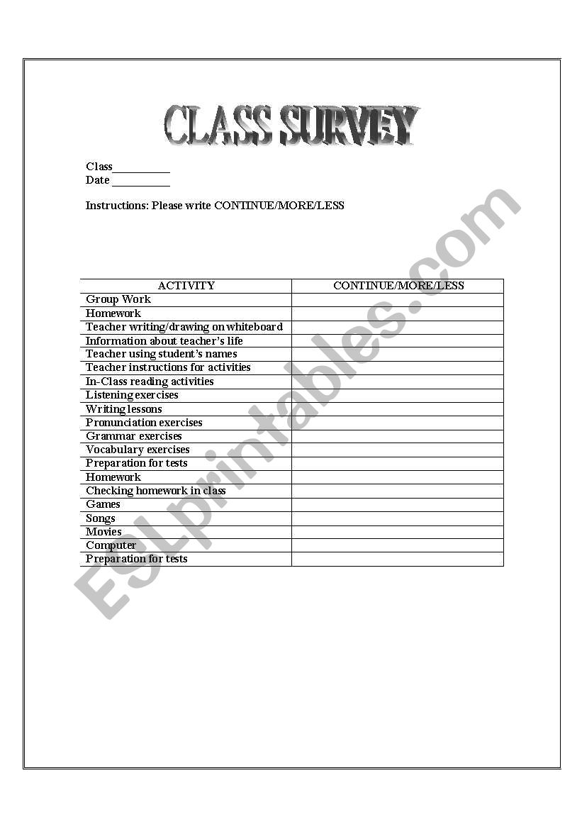 Class Feedback Form worksheet