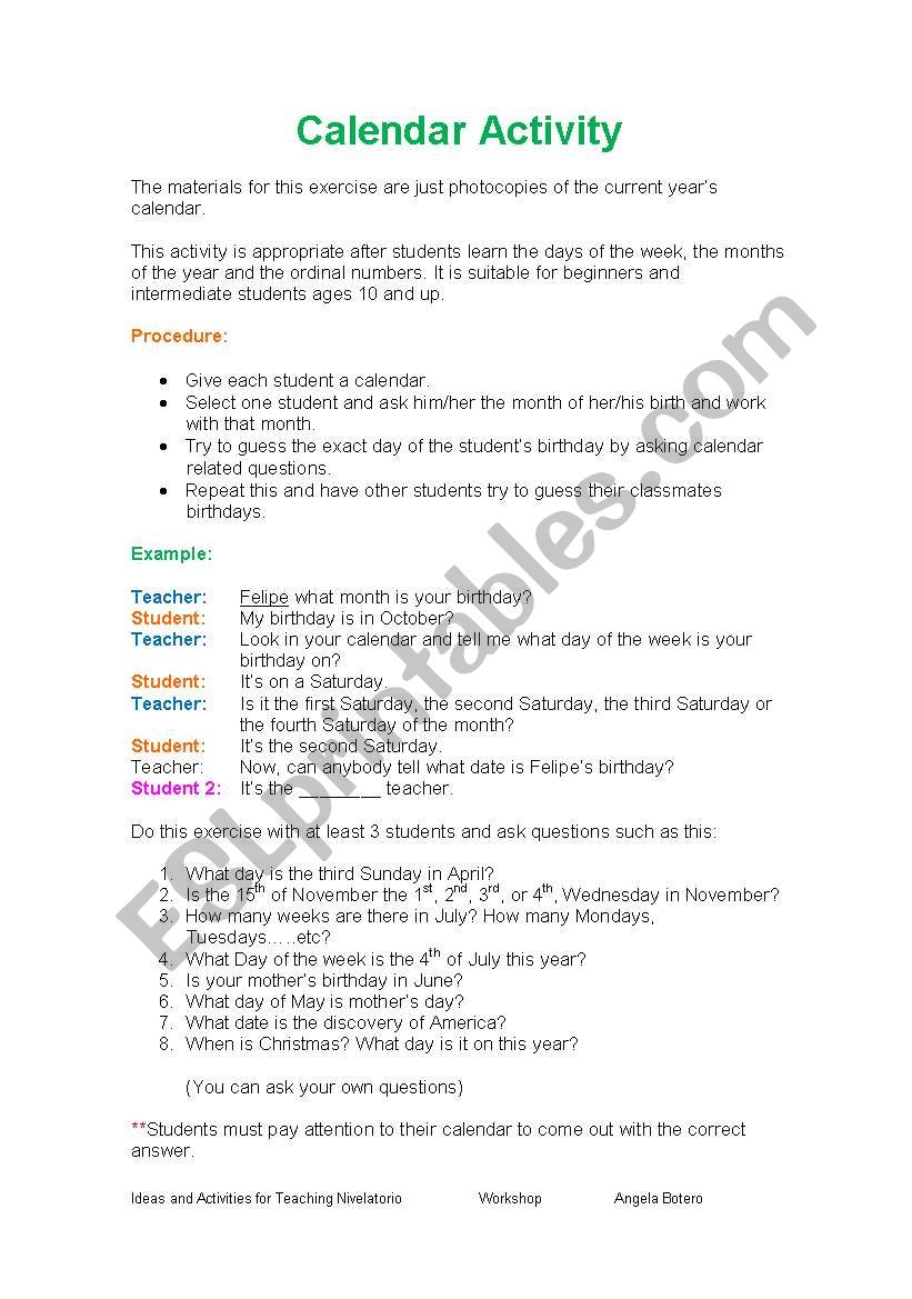 Calendar Activity worksheet