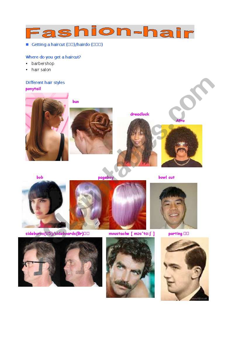Fashion--hair style with pics worksheet Fashion--hair style with pics worksheet