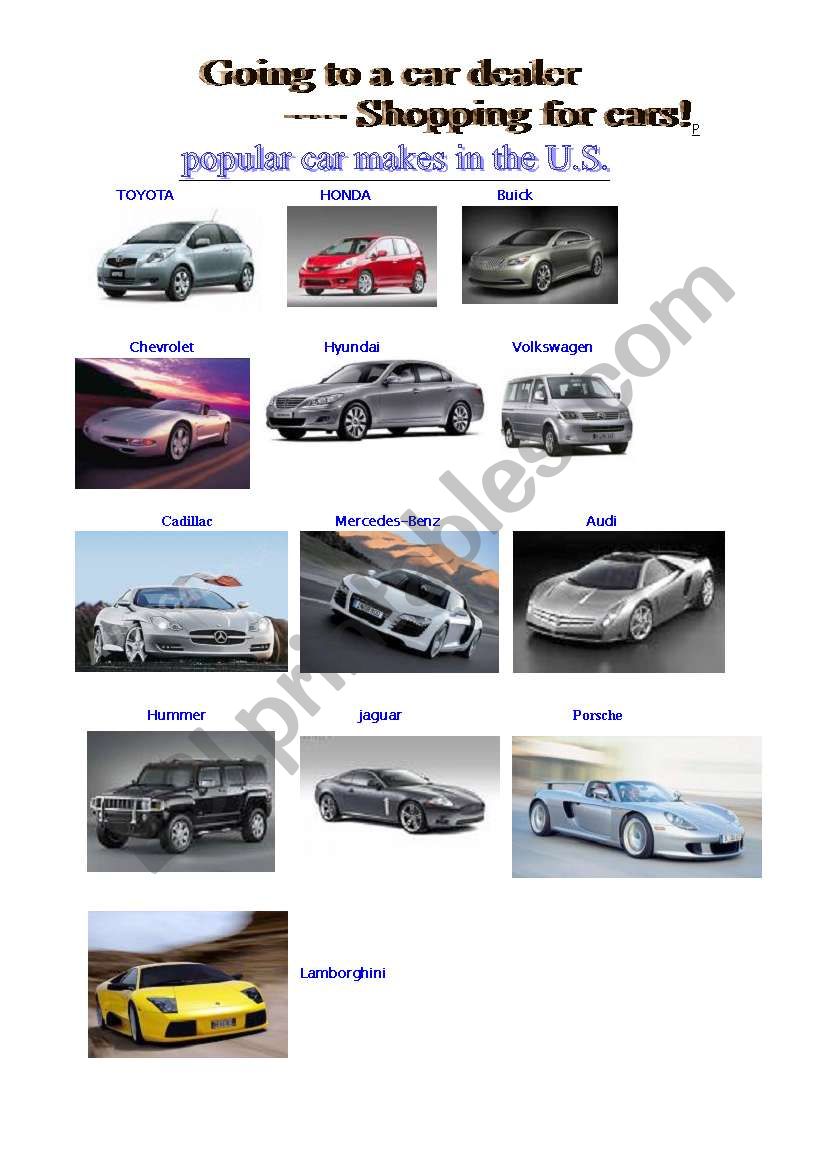 shopping for cars worksheet