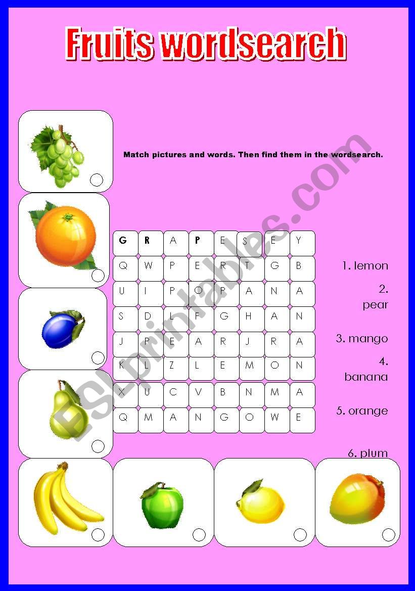 fruits wordsearch worksheet