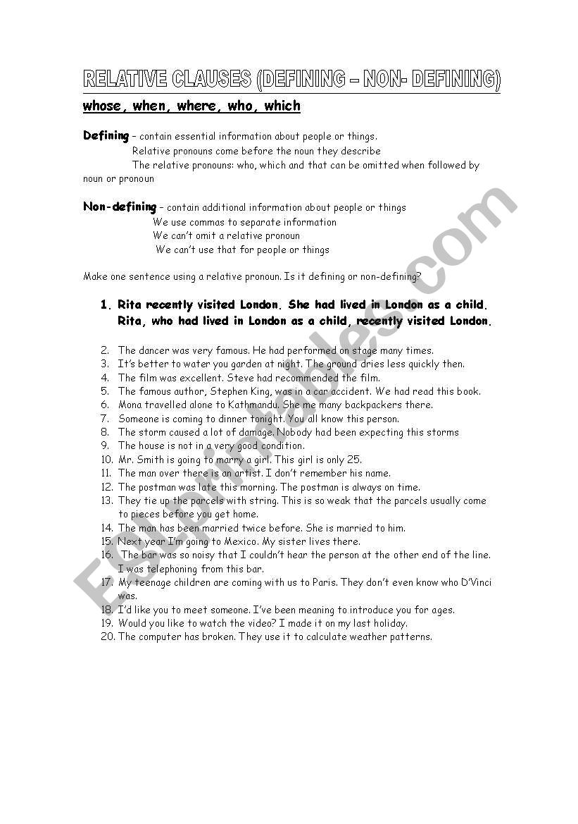 RELATIVE CLAUSES worksheet