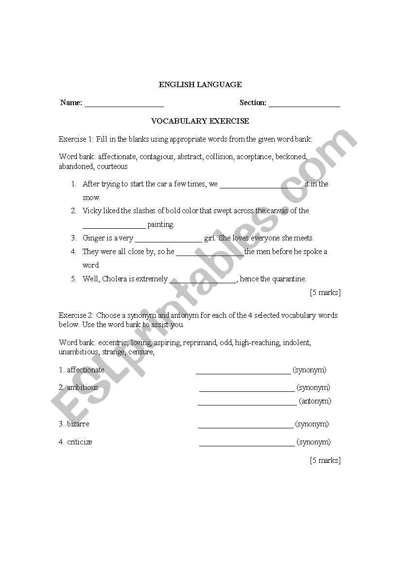 Vocabulary Building Exercise worksheet