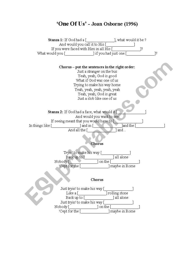 one of us (joan osborne) worksheet