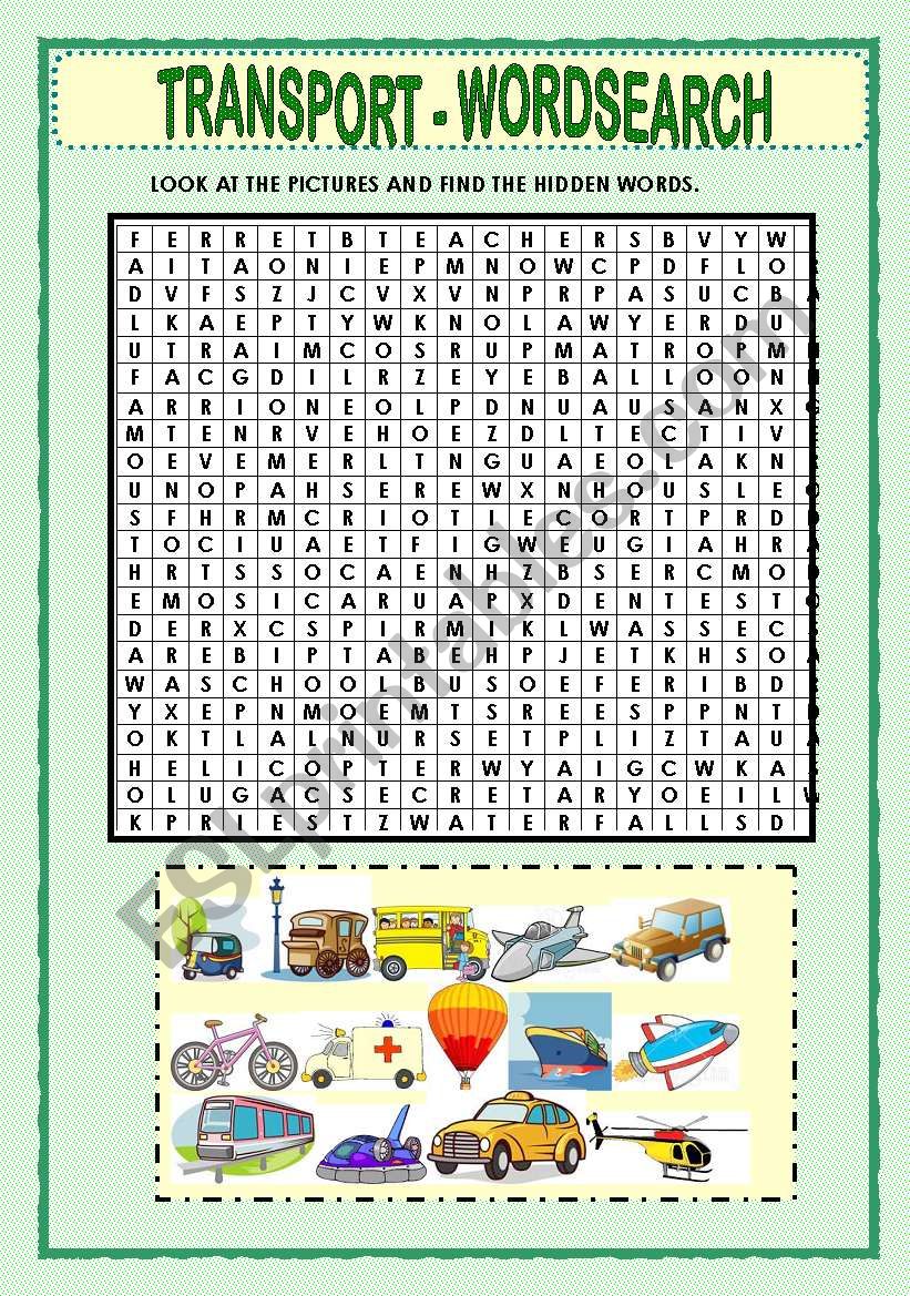 TRANSPORT - WORDSEARCH + KEY worksheet