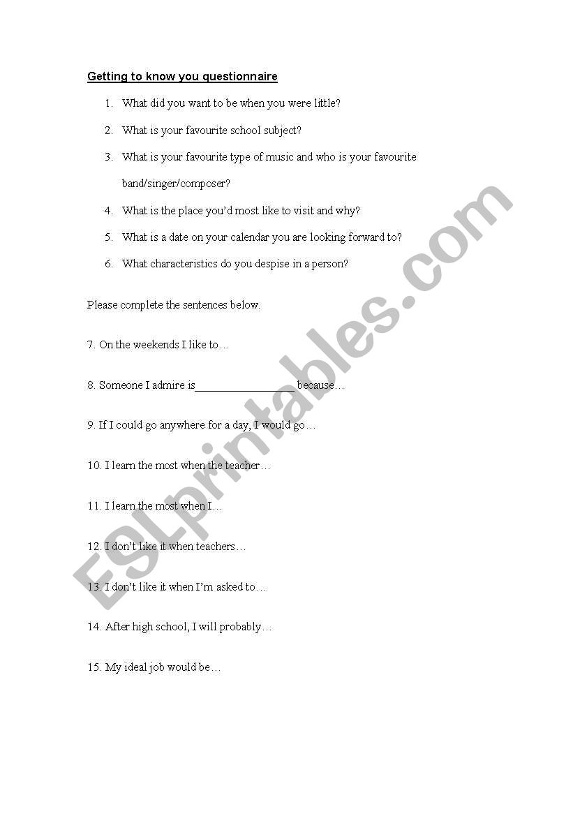 Getting to know you questionnaire