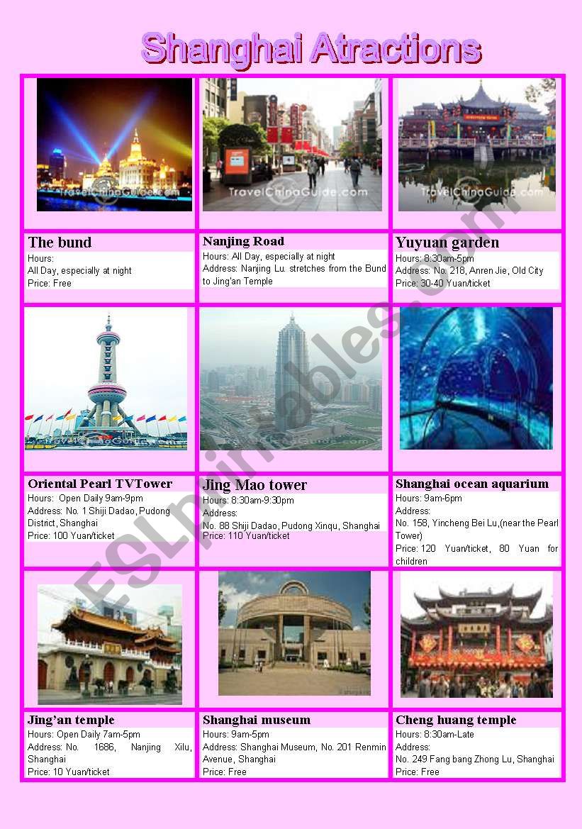 Shanghai atractions worksheet