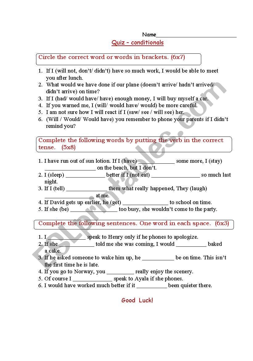 Conditionals - Quiz worksheet