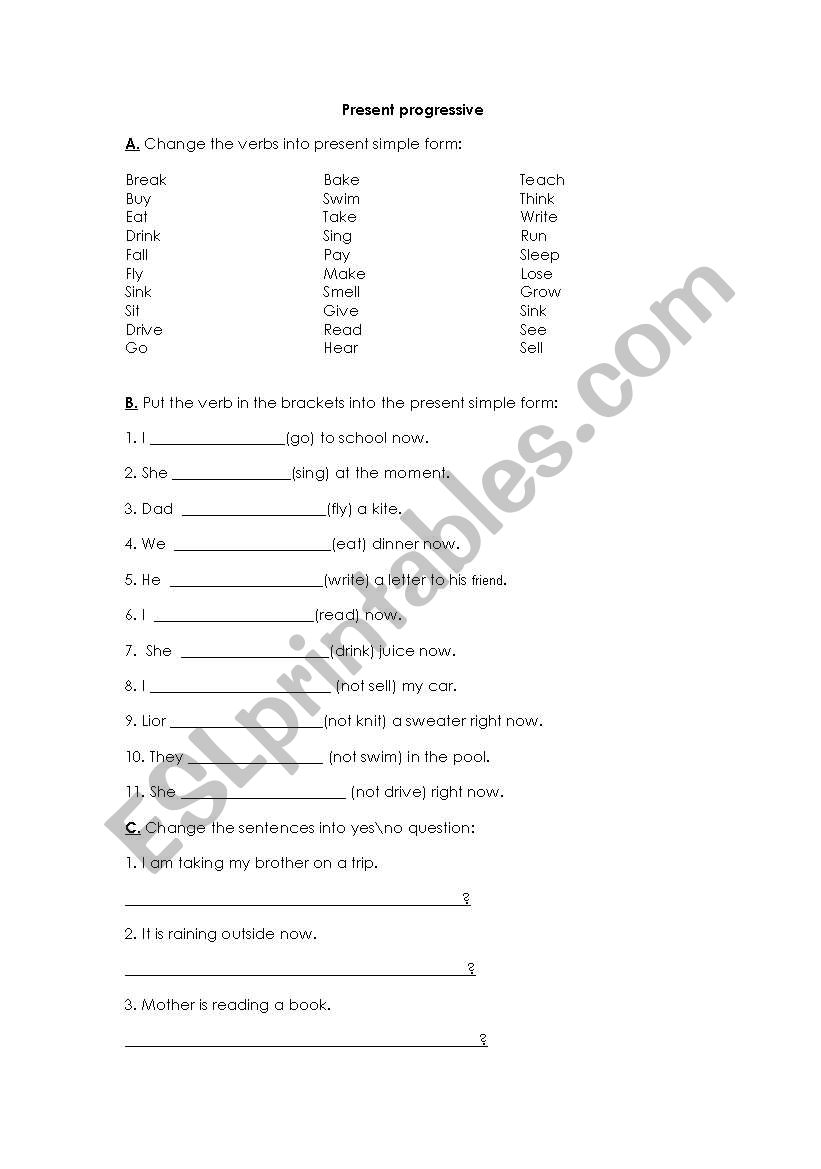 present progressive  worksheet