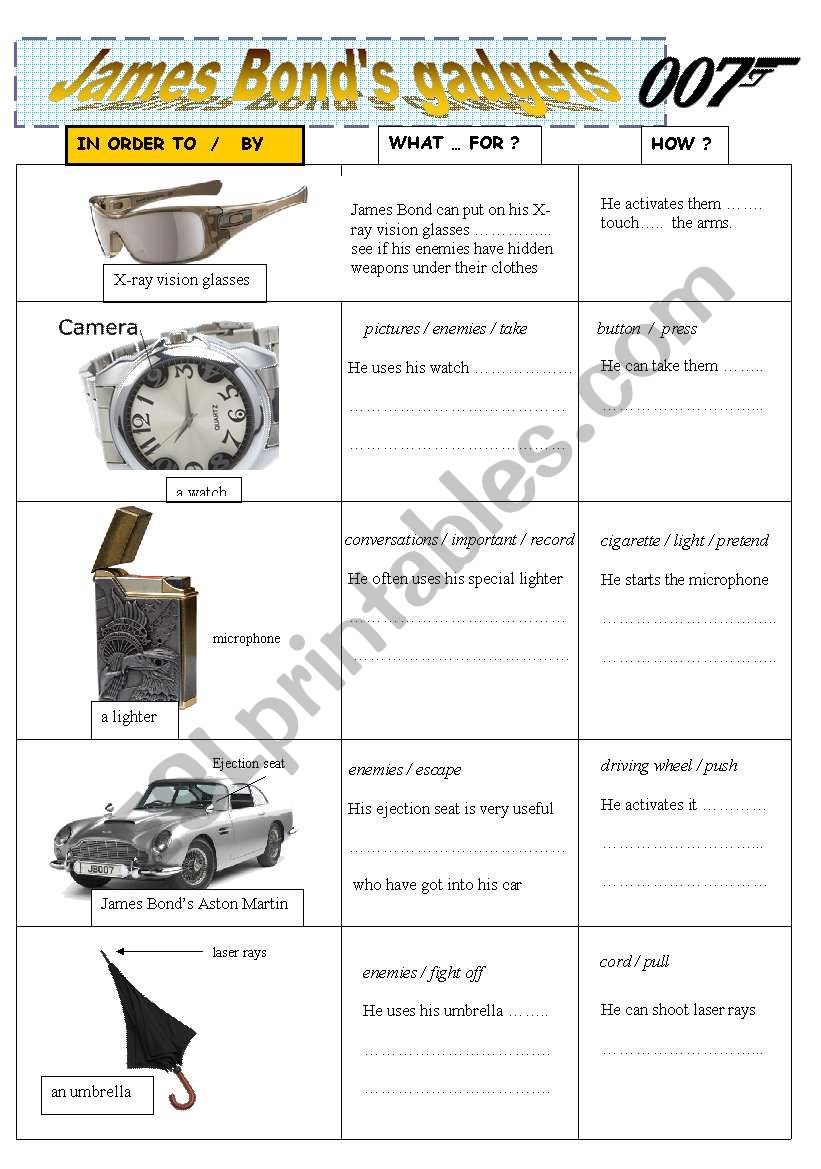 James Bonds gadgets worksheet