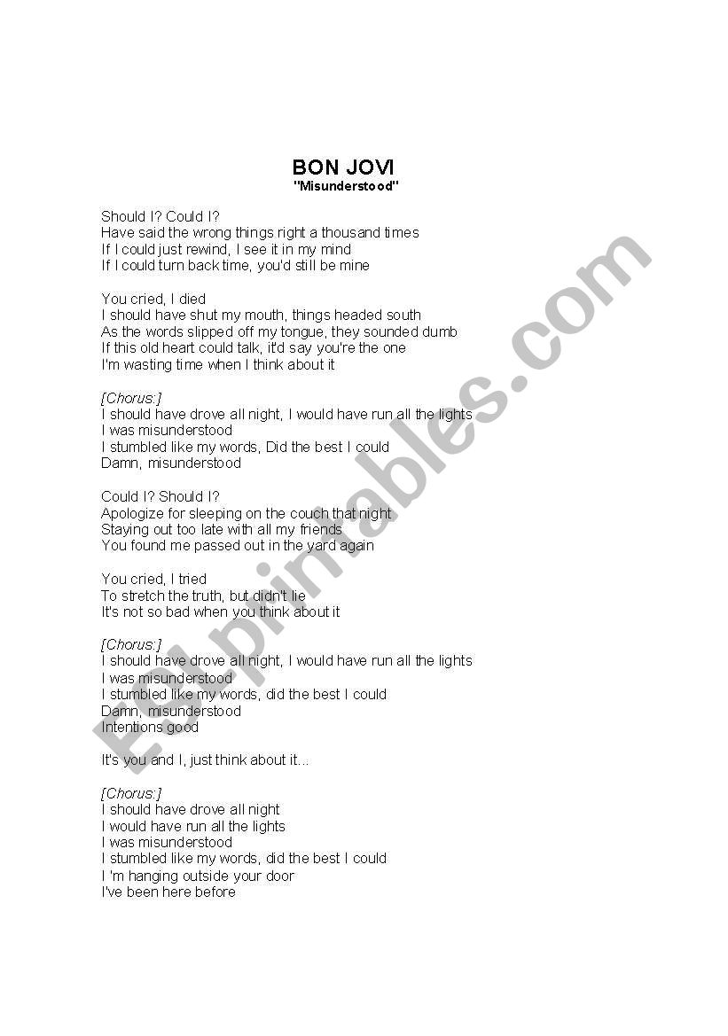 Bon Jovi- Misunderstood worksheet