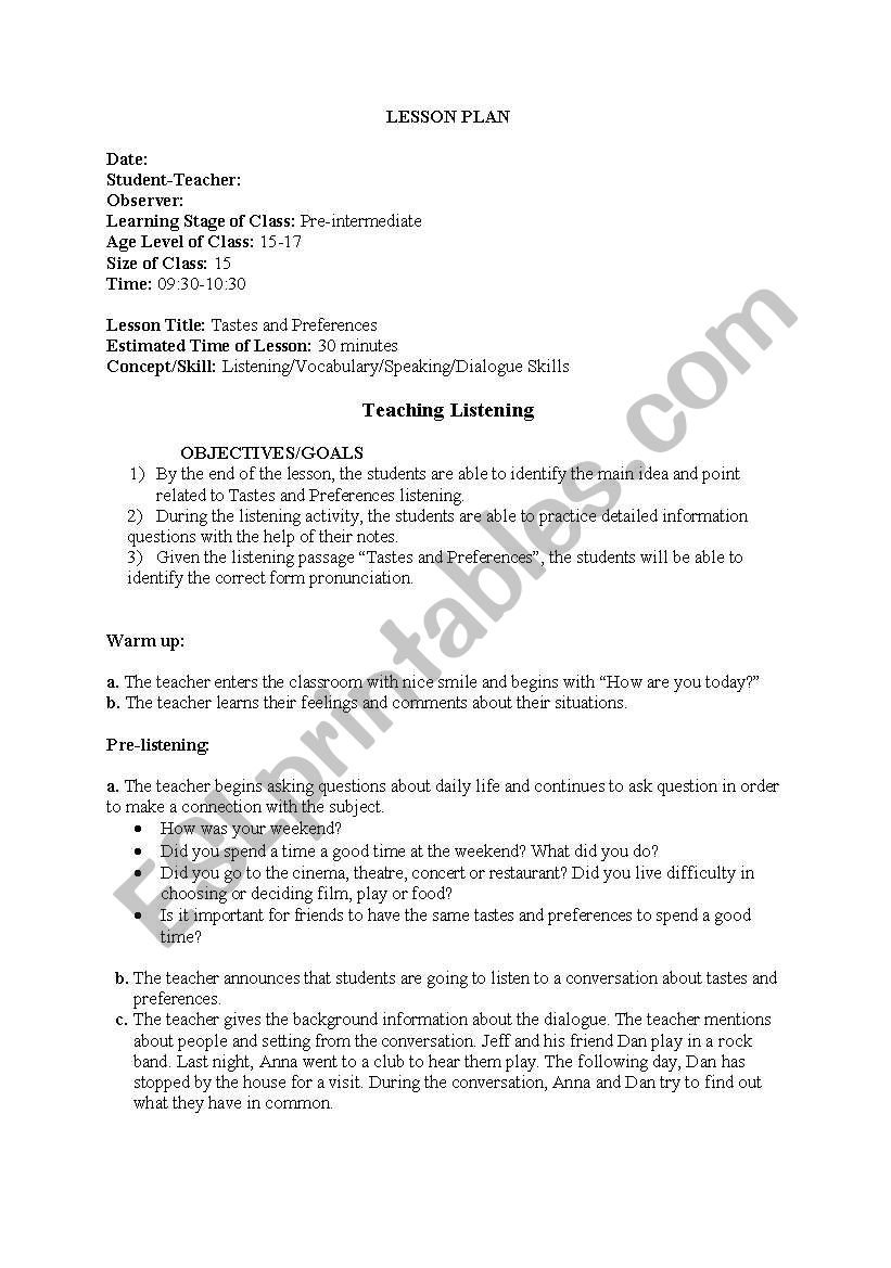 listening lesson plan worksheet