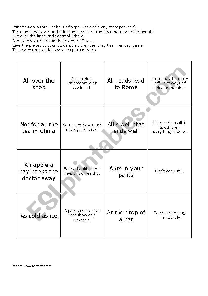 Idioms Memory Game 4 worksheet