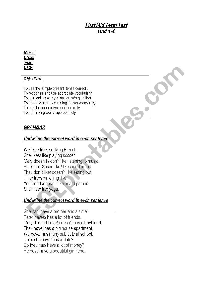 test worksheet