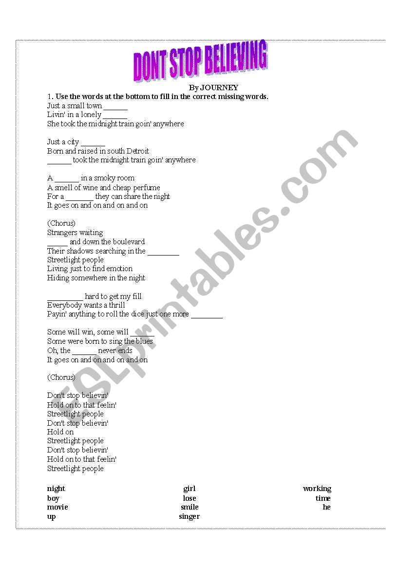 English Worksheets Dont Stop Believing Journey