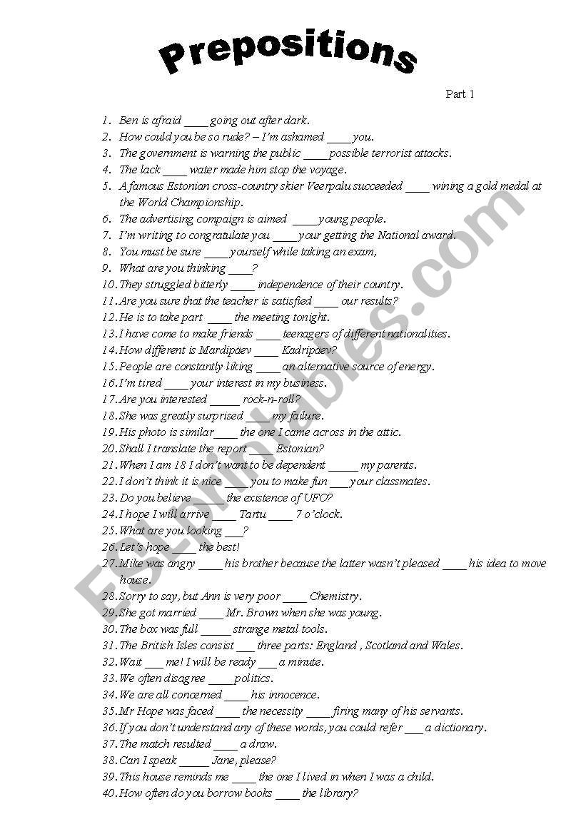 Prepositions worksheet