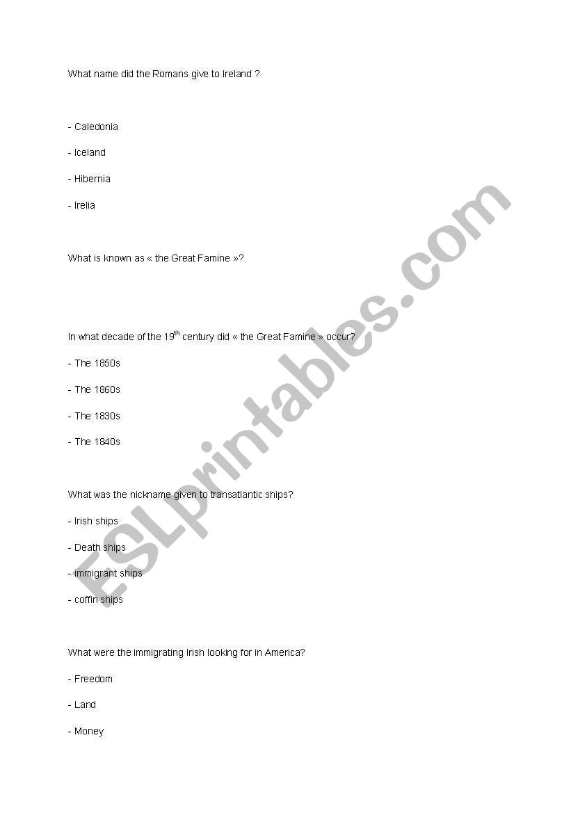 Quiz on irish history worksheet