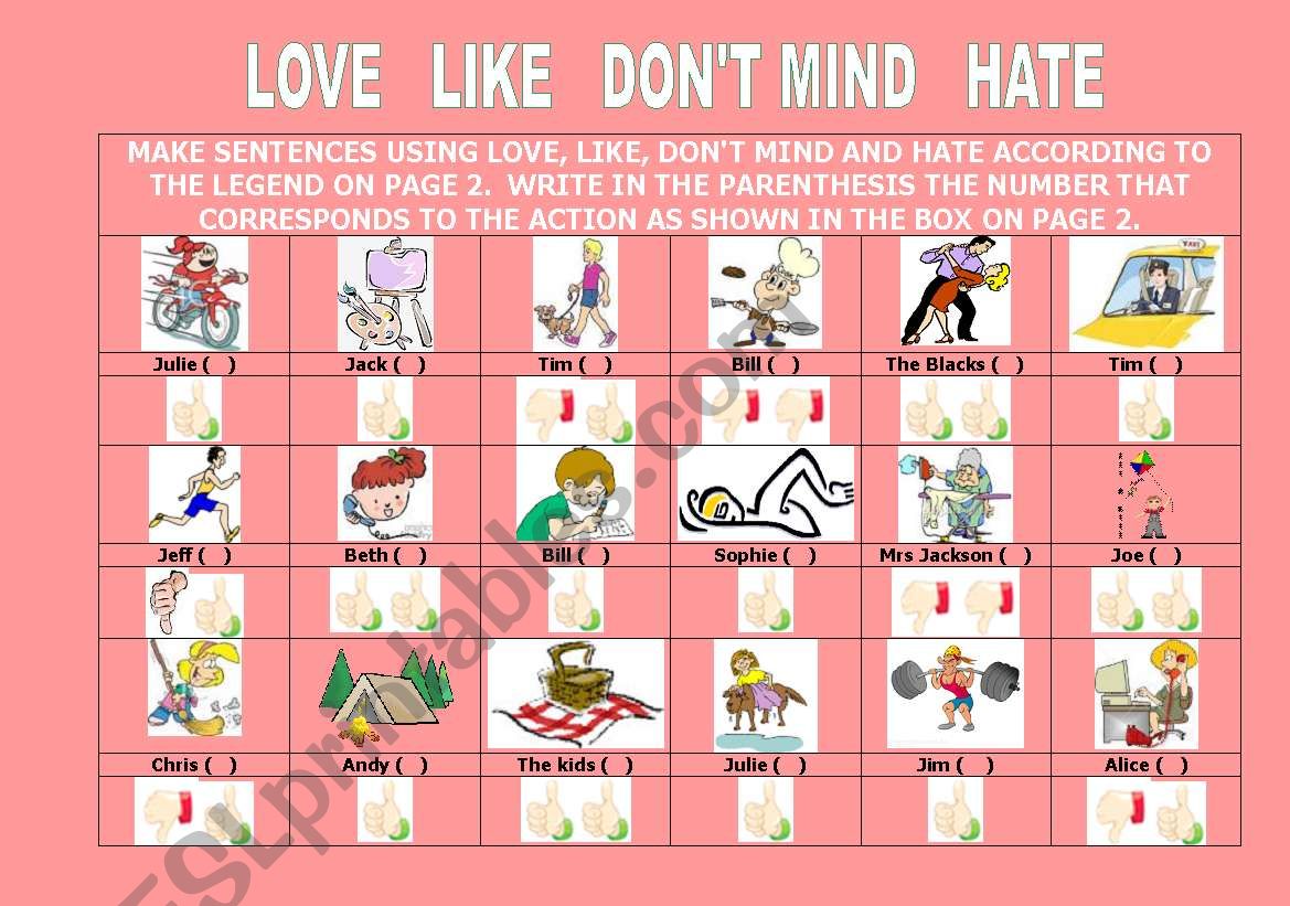 LOVE LIKE DONT LIKE HATE worksheet