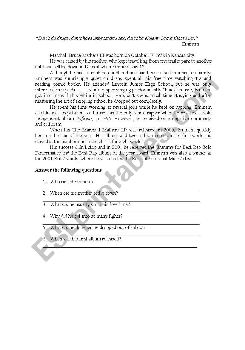 Eminem worksheet