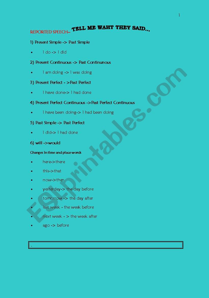 REPORTED SPEECH worksheet