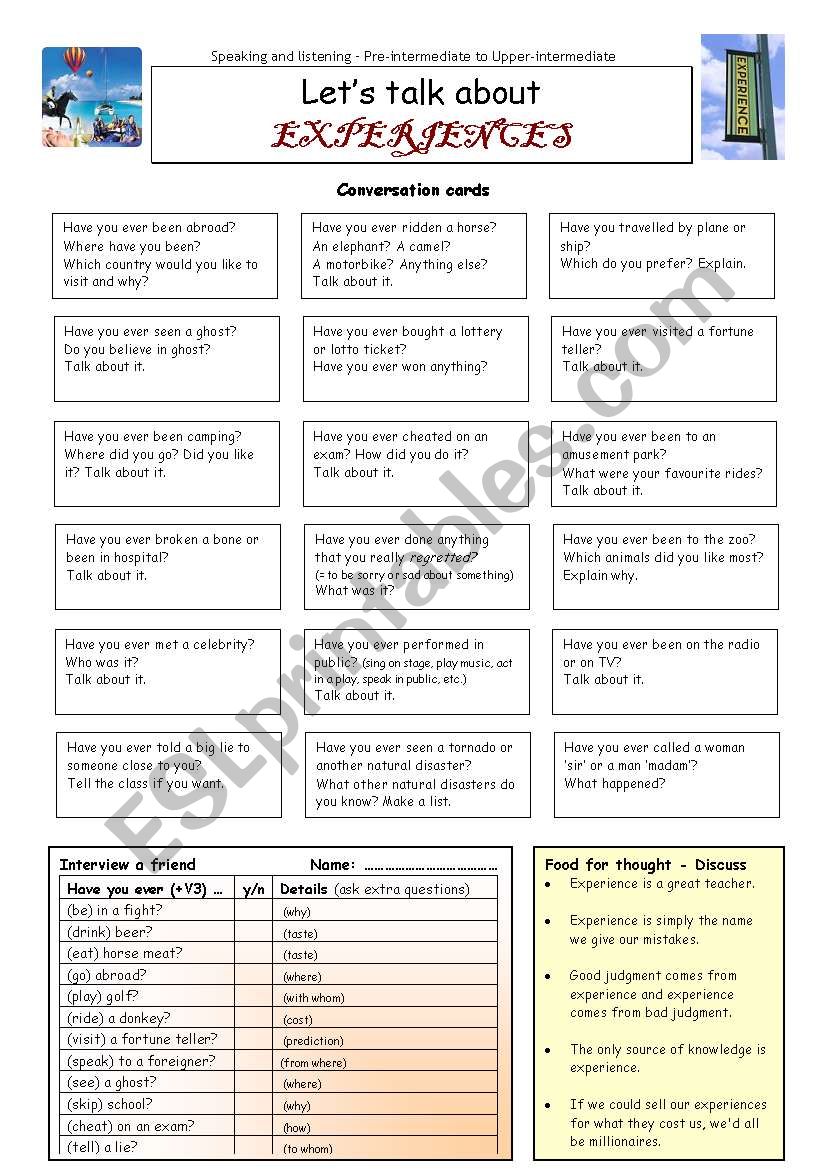 LetÂ´s talk about EXPERIENCES worksheet