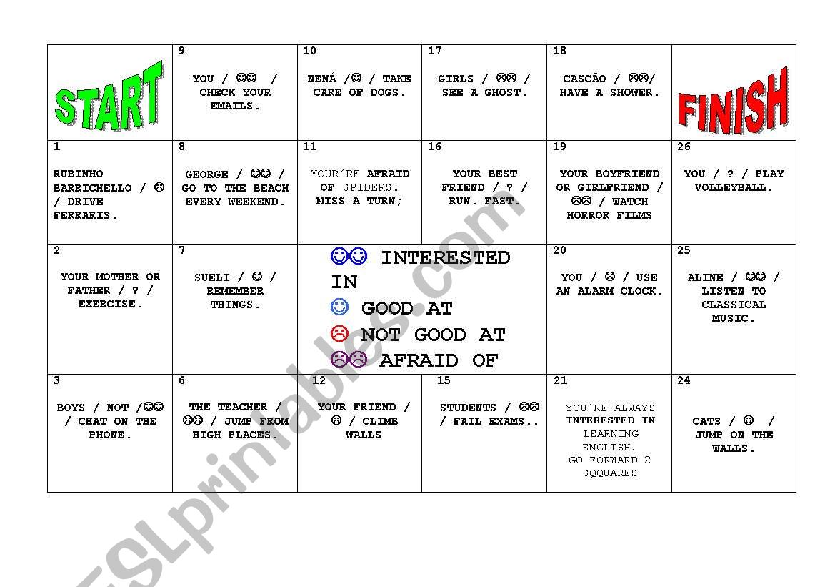 BOARDGAME: interested in - good at - afraid of