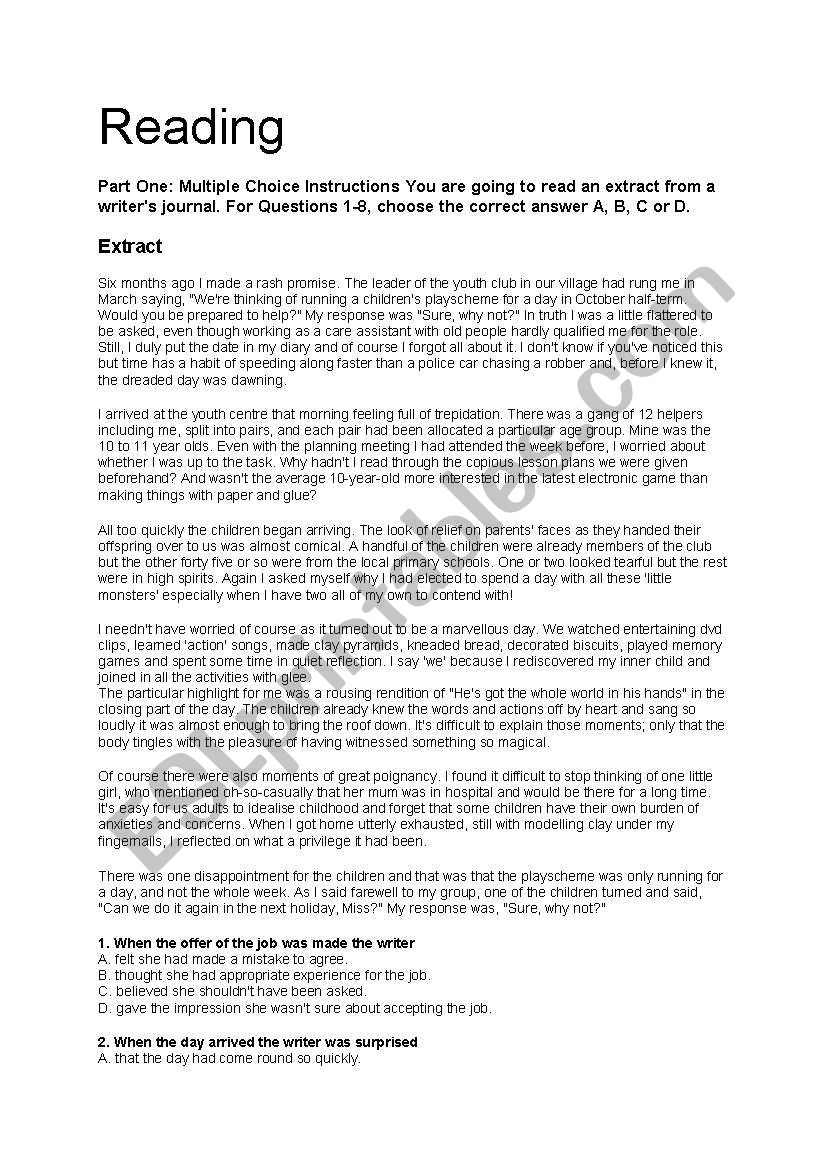 FCE - Reading practice worksheet