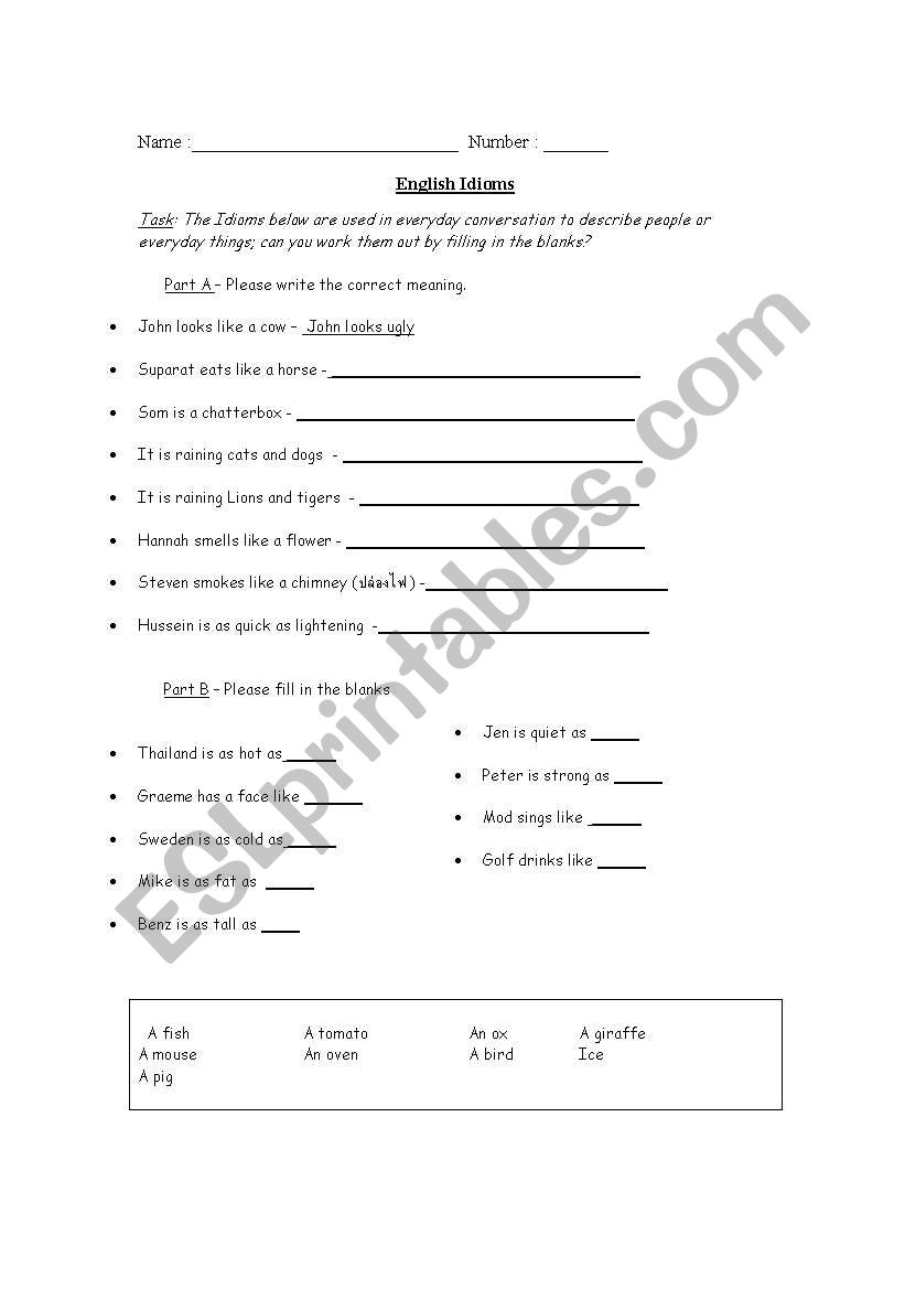 Idioms worksheet