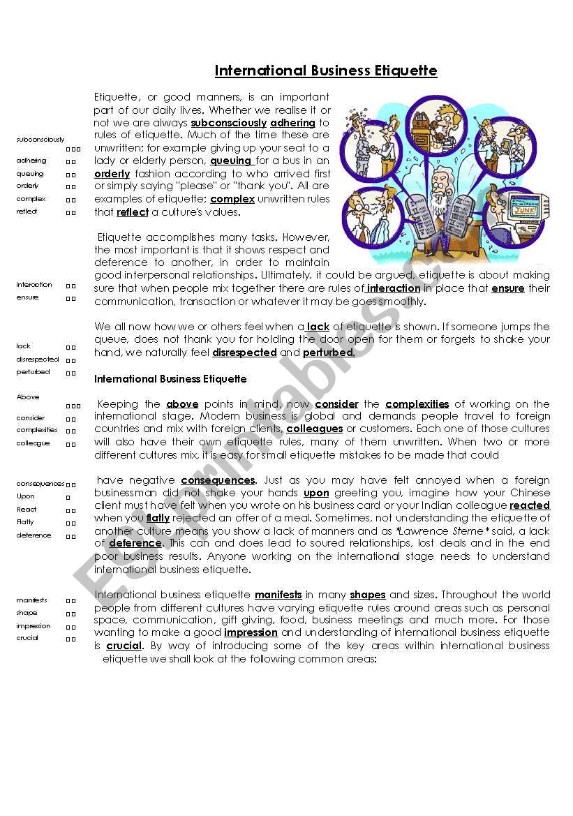 Business etiquette worksheet