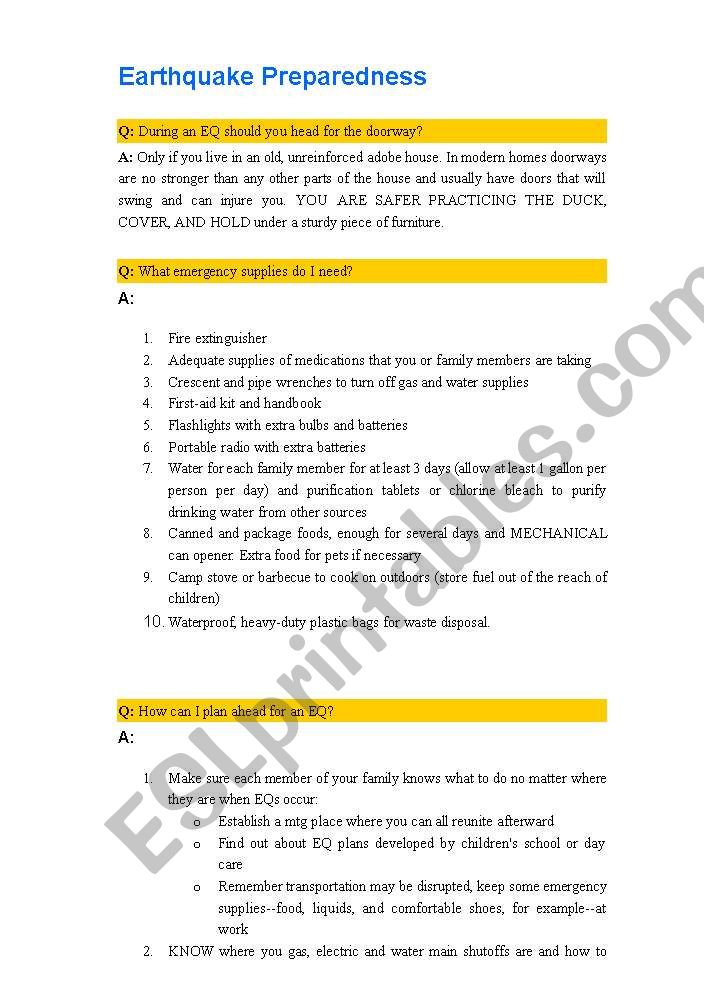 Earthquake Preparedness worksheet