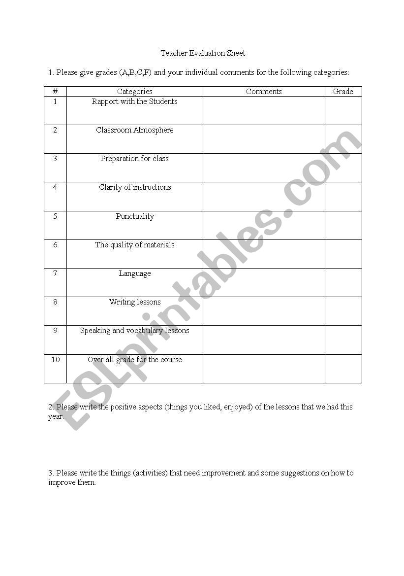 Teacher assessment worksheet