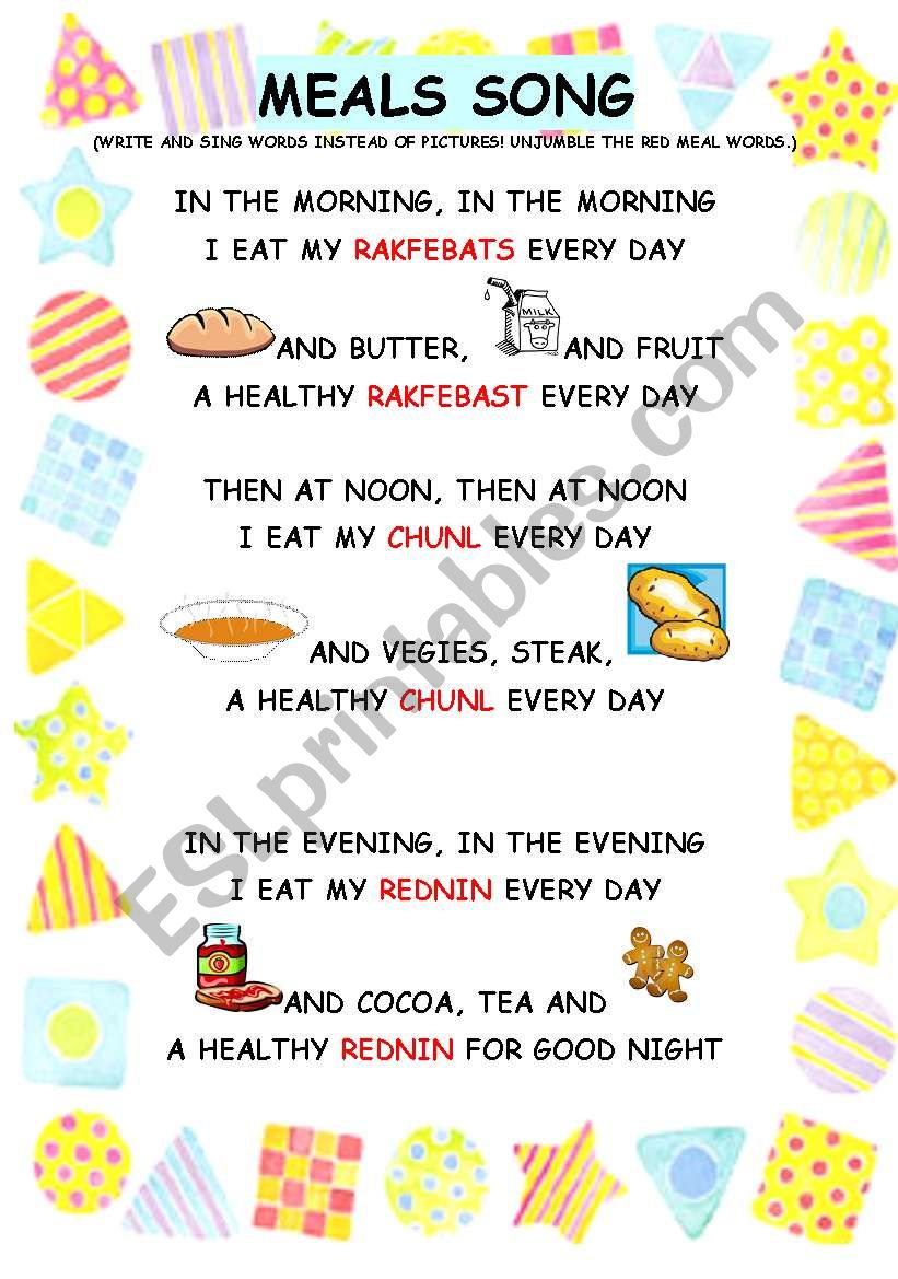 meals - song worksheet worksheet