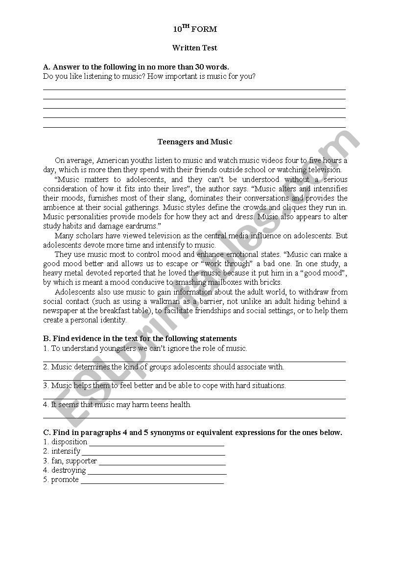 TEENAGERS AND MUSIC worksheet