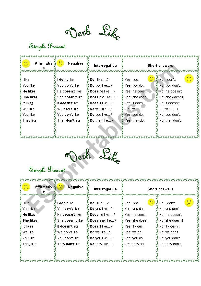 Verb Like Simple present worksheet