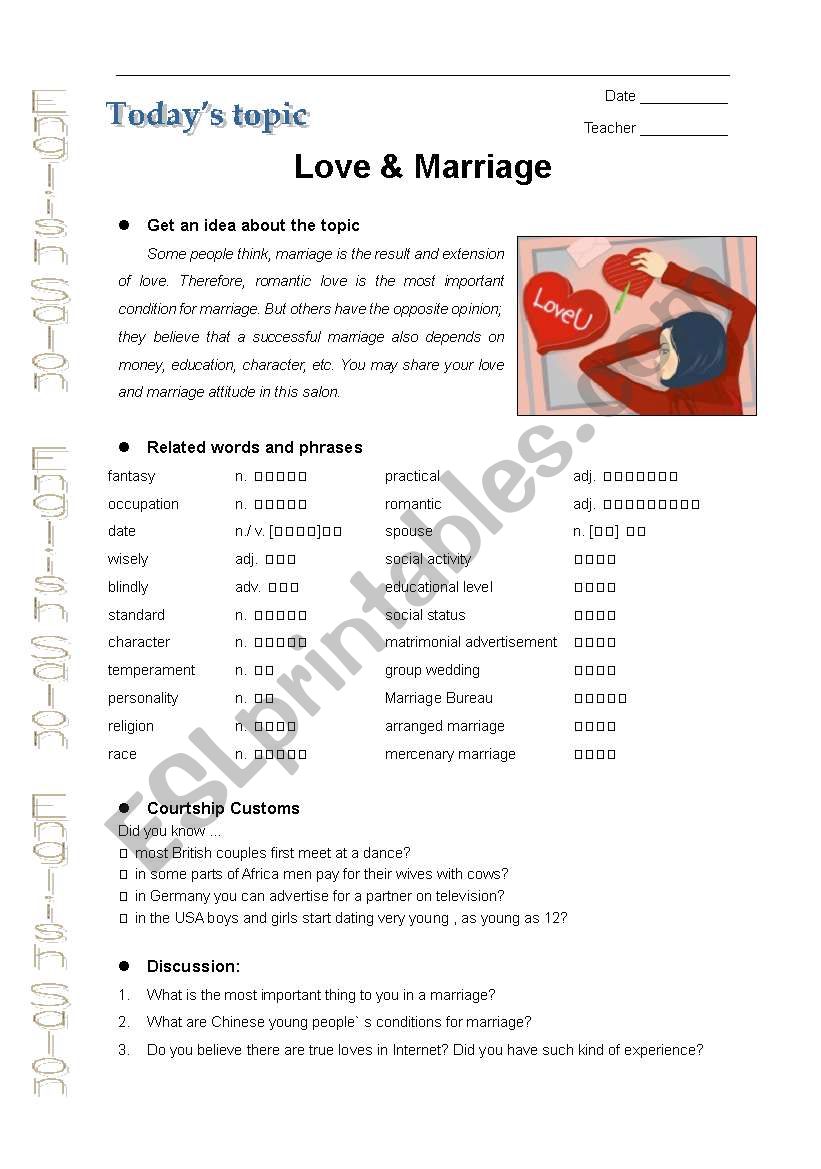 love and marriage worksheet