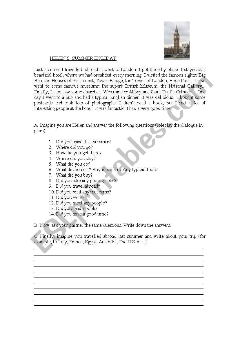 HELENS SUMMER HOLIDAY worksheet