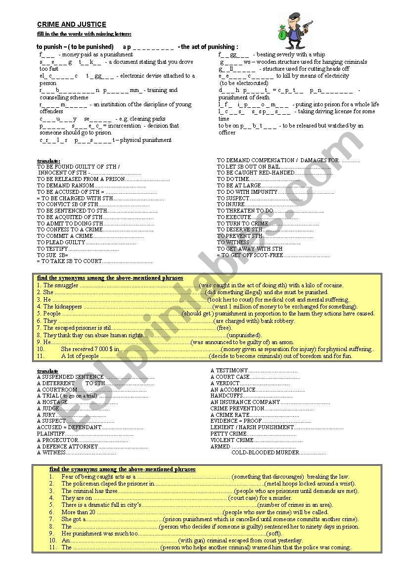 CRIME VOCABULARY + CROSSWORD + WORDSEARCH + UNSCRAMBLE LETTERS