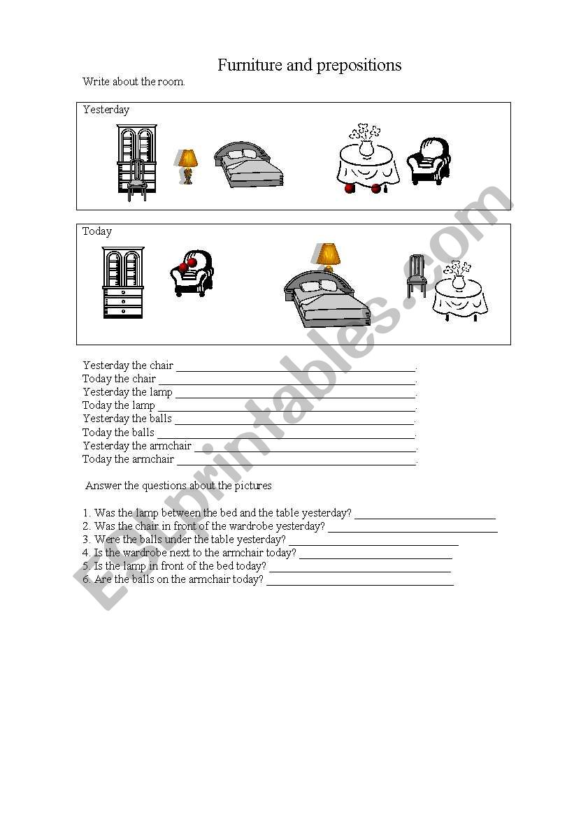 Furniture and prepositions worksheet