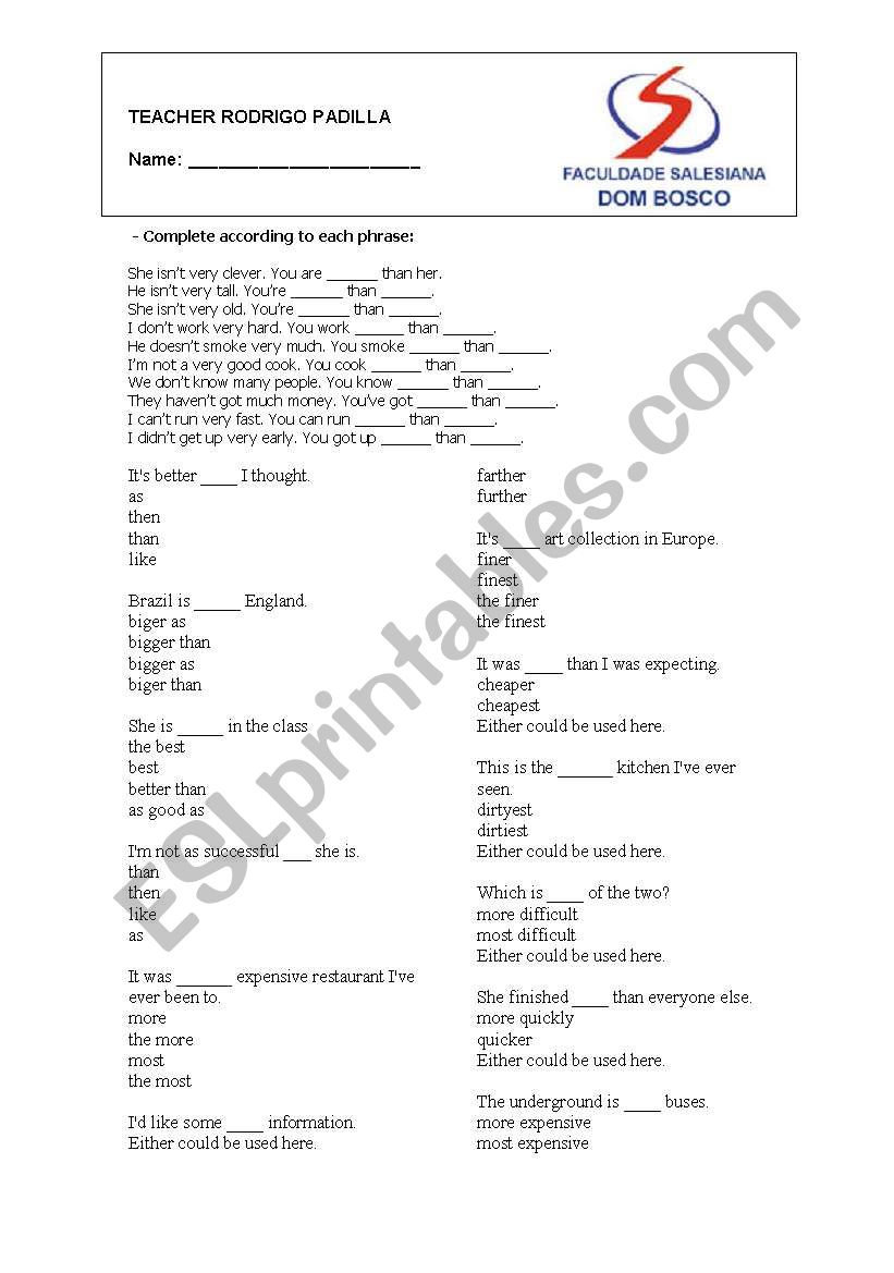 comparative worksheet