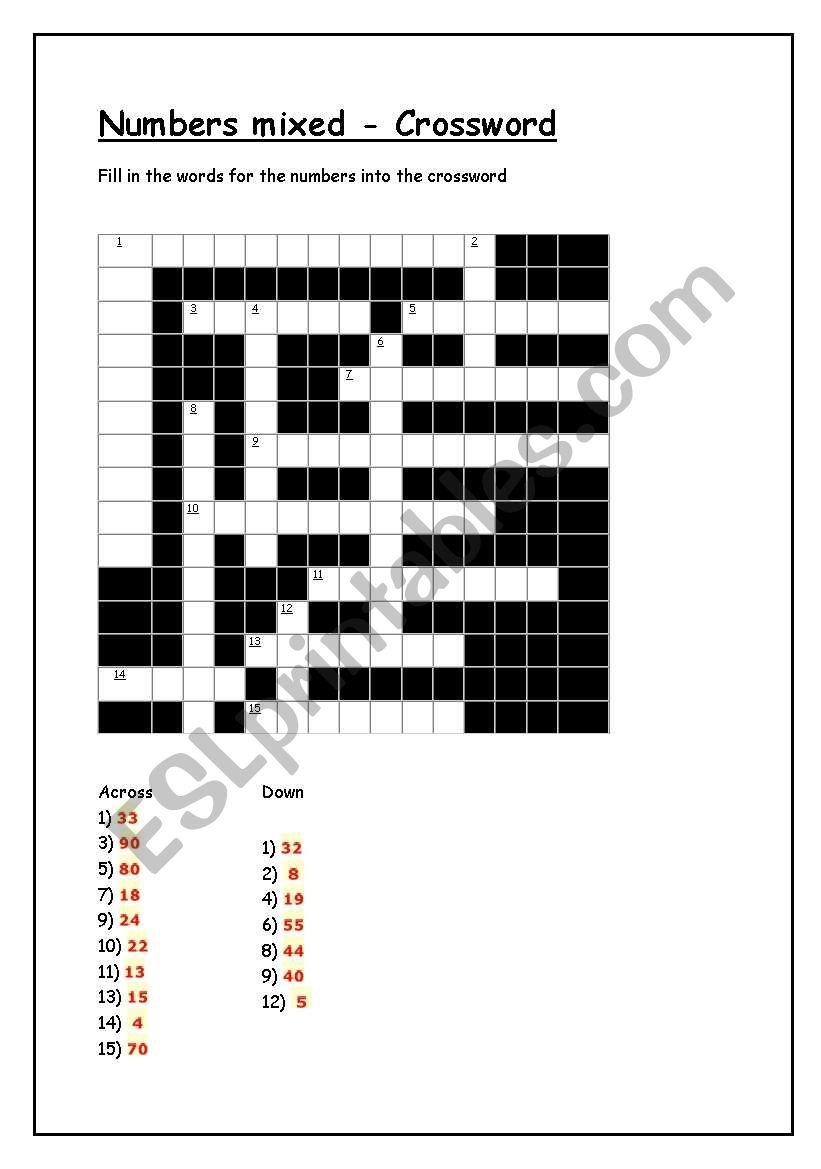 Numbers mixed - Crossword worksheet