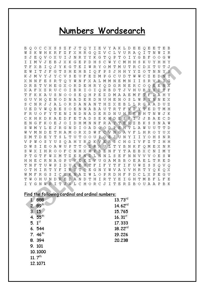 Numbers Wordsearch worksheet