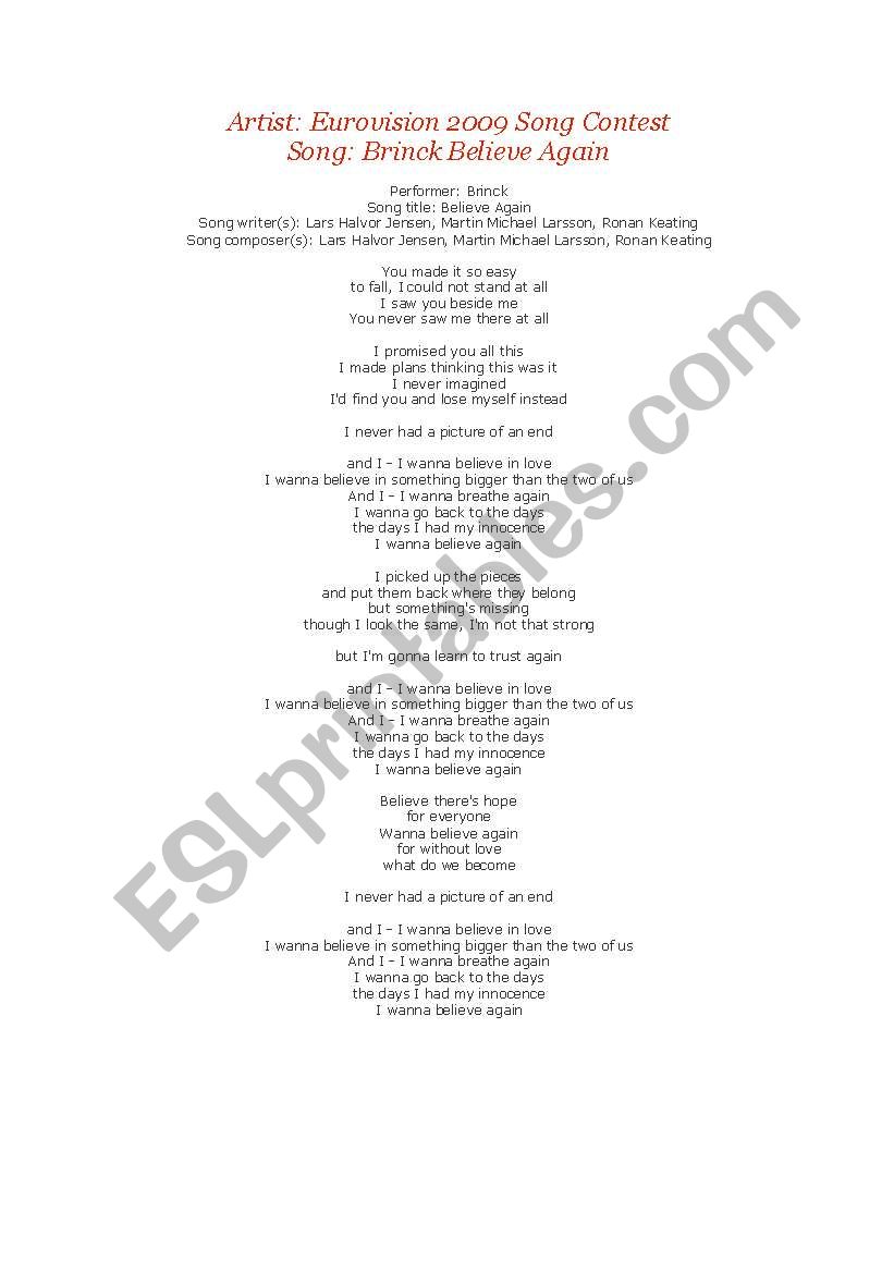 eurovision songs lyrcs to use in class