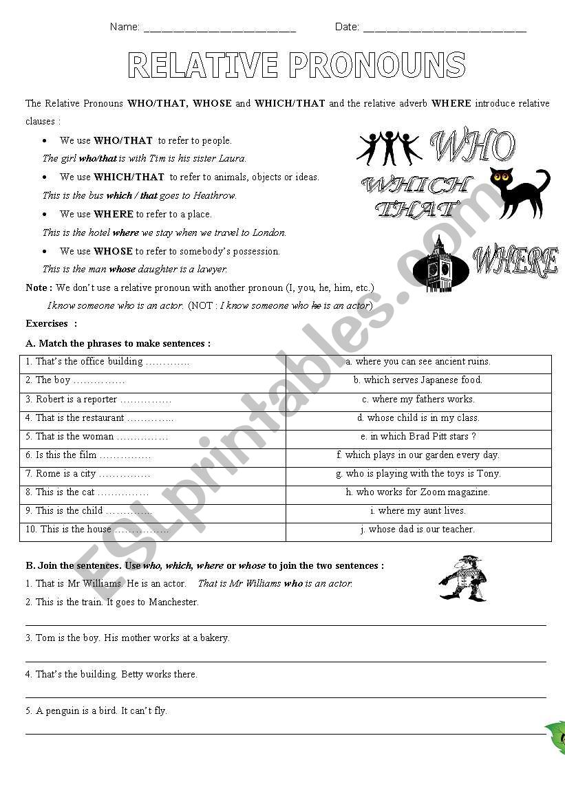 Relativa Clauses & Pronouns worksheet